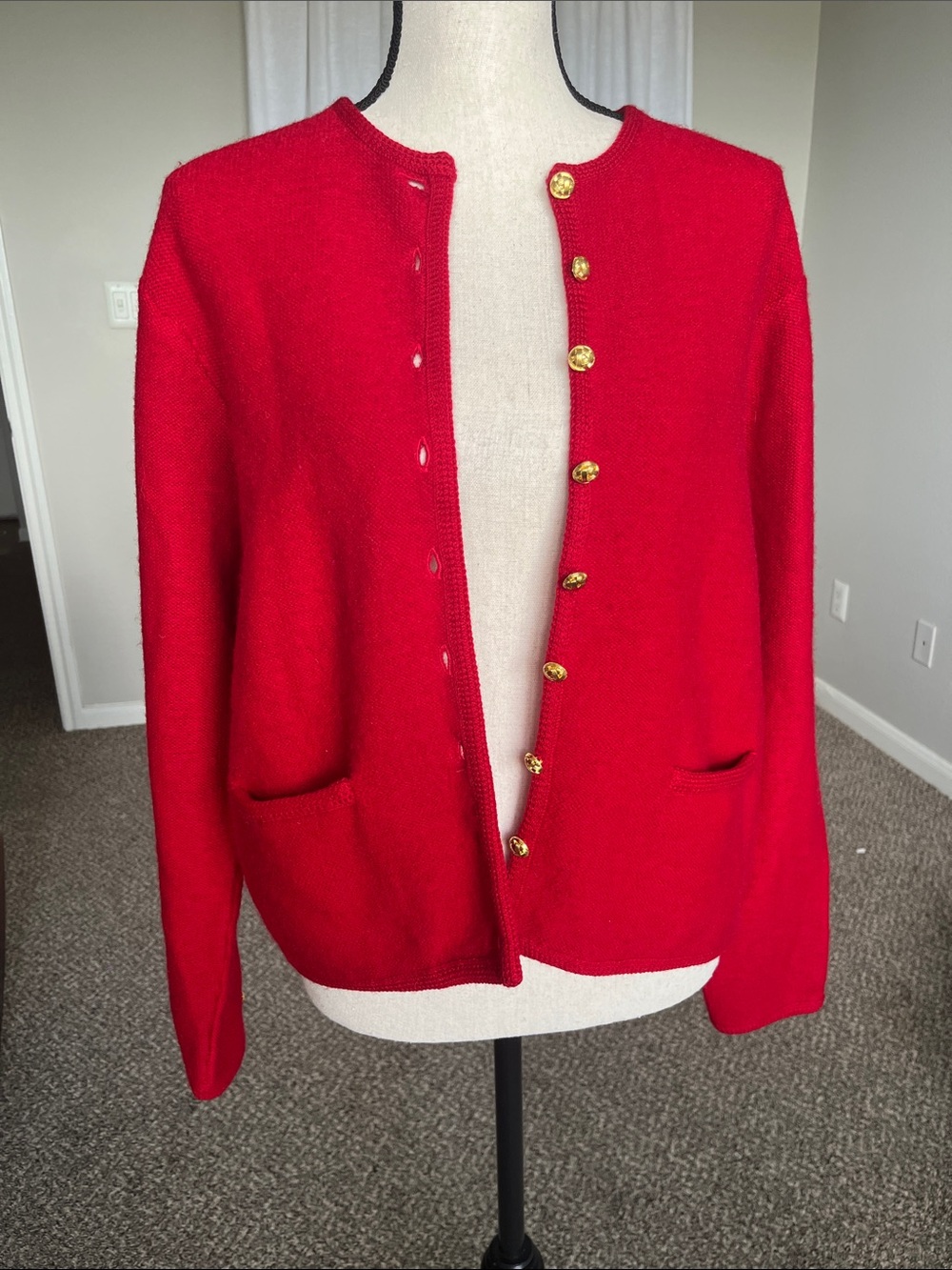 Vintage 100% Wool Red Gold Button Down Cardigan Size M